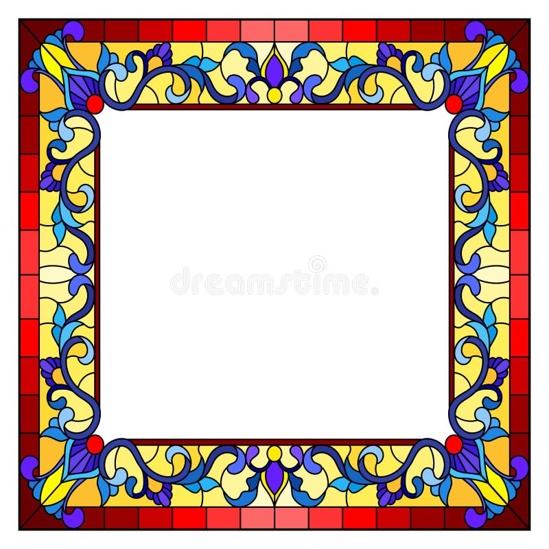 Stained glass illustration with  flower frame, bright flowers and  leaves in red  frame on a white background