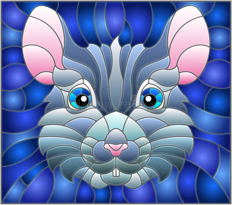 Stained Glass Illustration with a Mouse Head on a Blue Background Stock