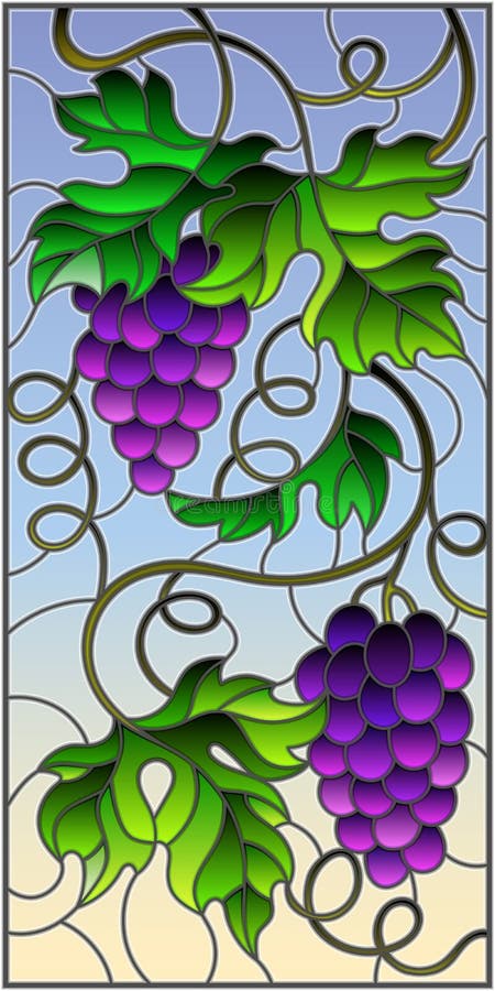 Stained glass illustration with a bunch of red grapes and leaves on a sky background,vertical image