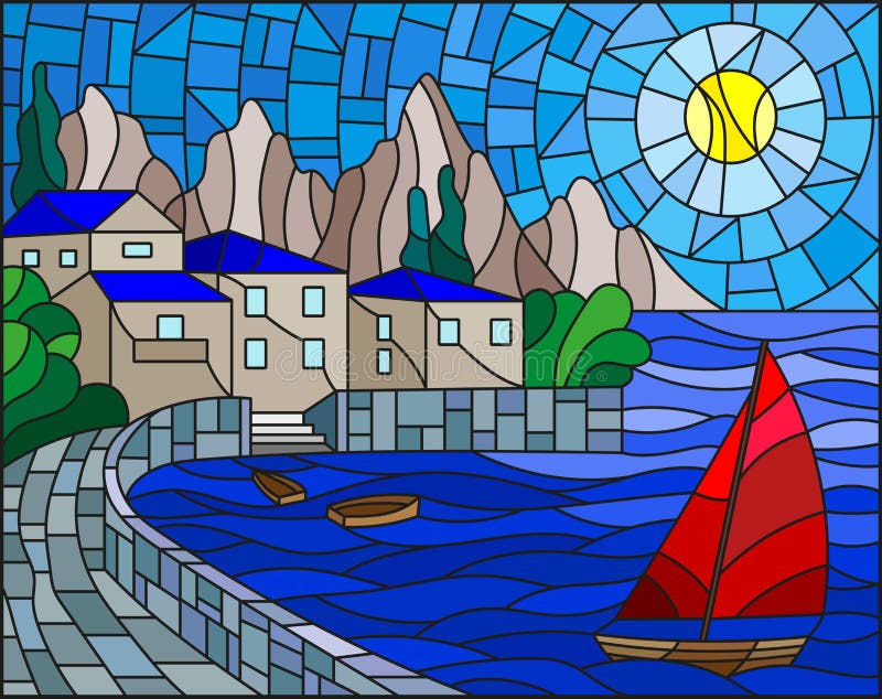 Stained glass illustration with a sailboat on the background of the Bay with city, sea and sun of the day sky