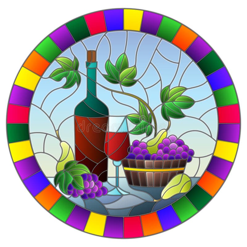 Stained glass illustration with  a still life, a bottle of wine, glass and grapes on a blue background, round image in bright fram