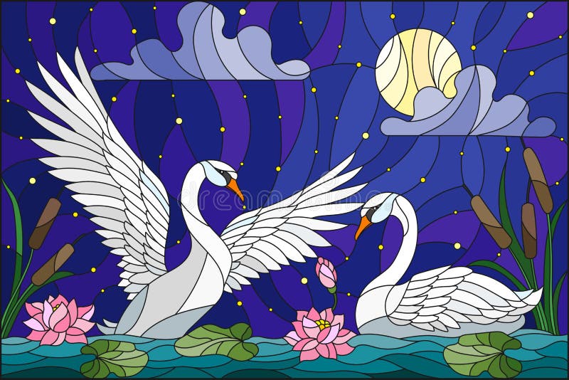 Stained glass illustration with pair of Swans , Lotus flowers and reeds on a pond in the moon, starry sky and clouds