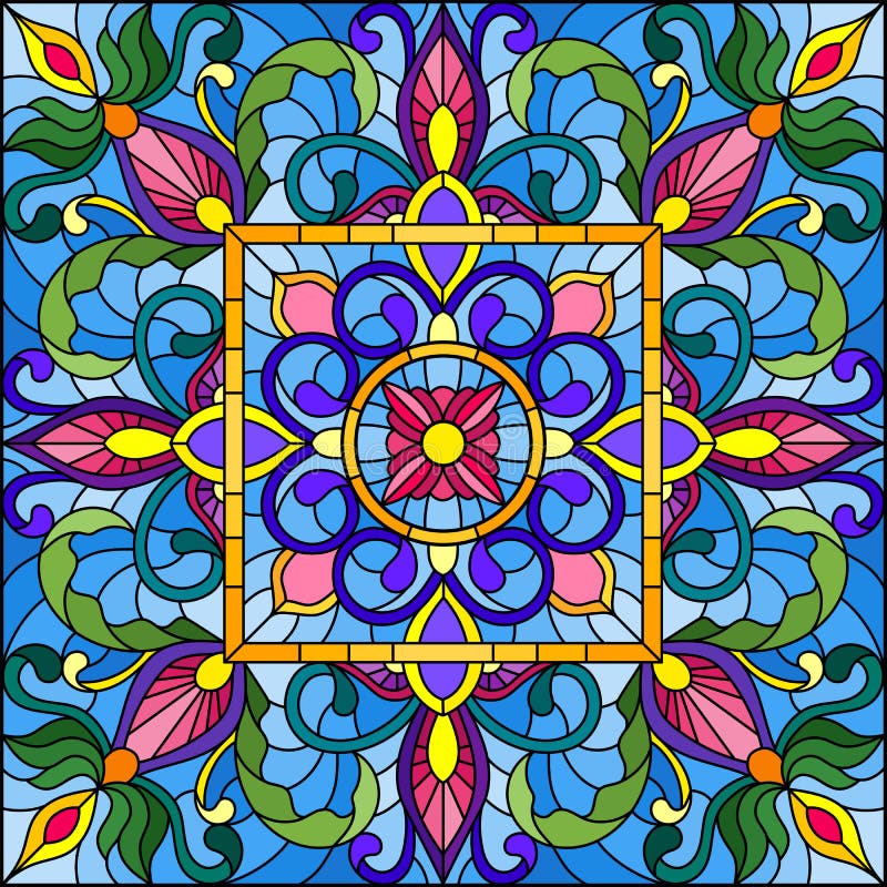 Stained glass illustration , square mirror image with floral ornaments and swirls