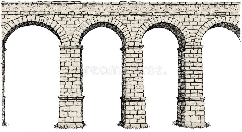 An illustration of a stone aqueduct with four rounded arches supported by robust royalty free illustration
