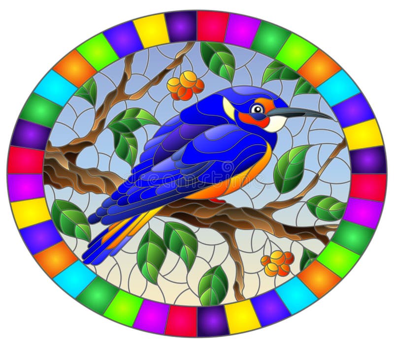 Stained glass illustration with a beautiful bright blue bird  on a  background of branch of tree with berryes  and sky, oval image