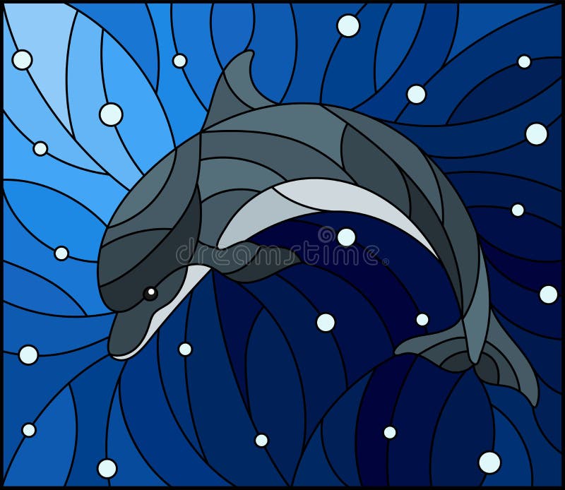 Stained glass illustration with  dolphin on the background of water and air bubbles