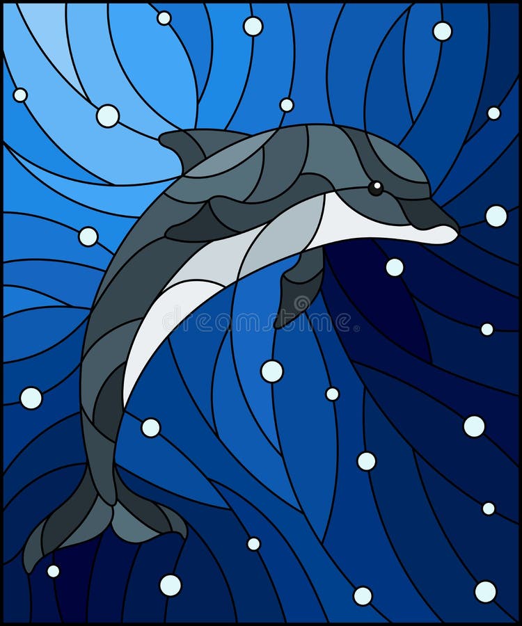 Stained glass illustration with  dolphin on the background of water and air bubbles