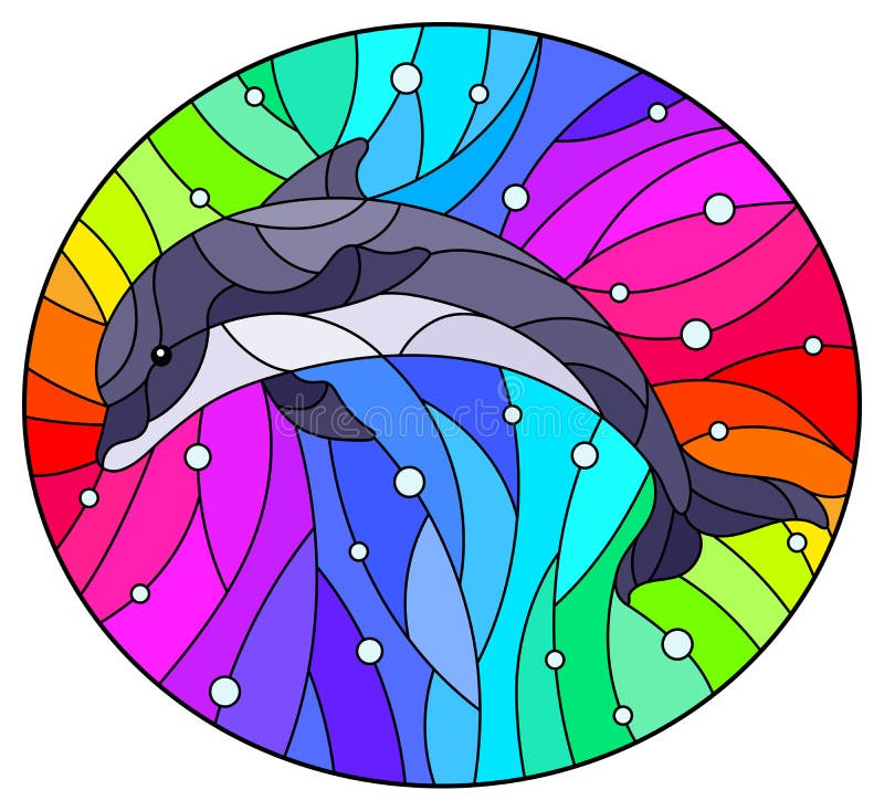 Stained glass illustration with dolphin on a rainbow background  and air bubbles