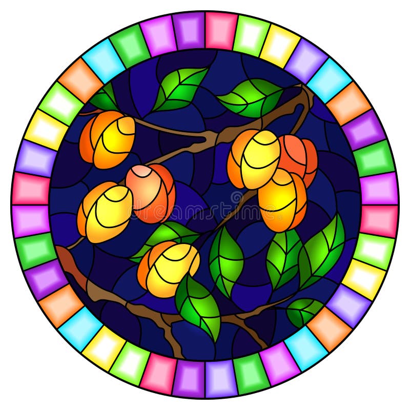 Stained glass illustration with the branches of peach tree , the  branches, leaves and fruits against the sky, oval image in brigh