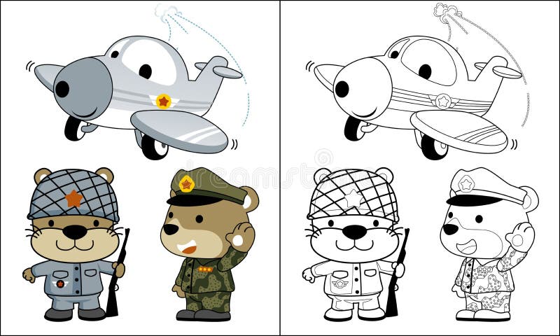 Coloring book or page of animals cartoon in soldier uniform with funny plane stock illustration