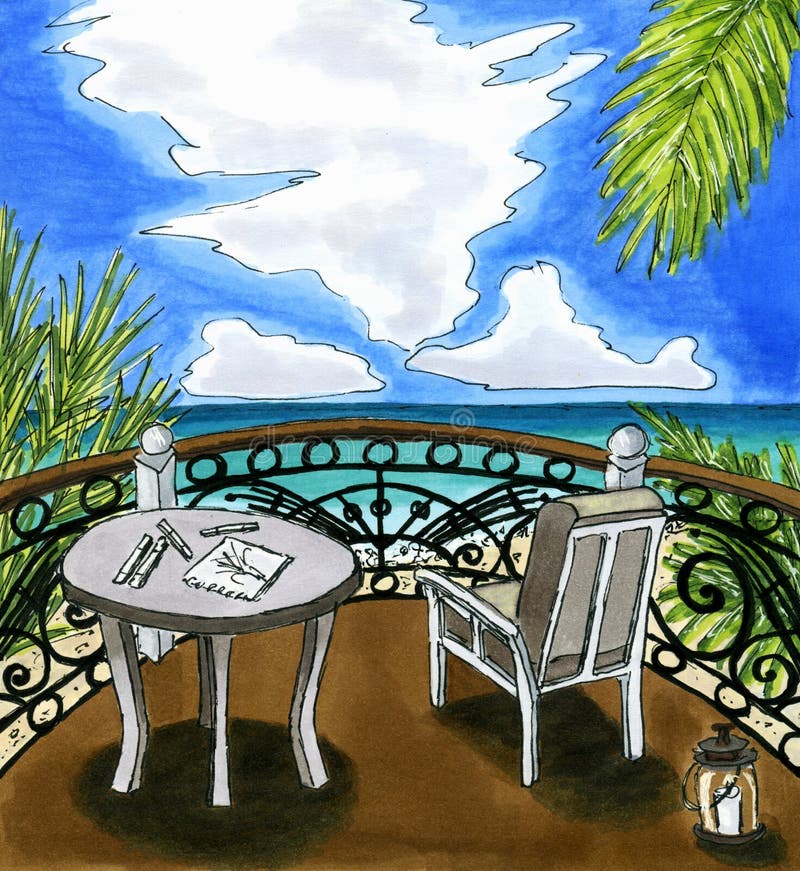 Sun terrace on the beach, sea and palm trees, table and chair on the balcony, work in pleasure, rest on the sea, dream job