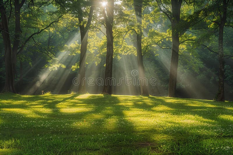 Sunbeams shining in the green grass, with sun shining through the trees royalty free illustration