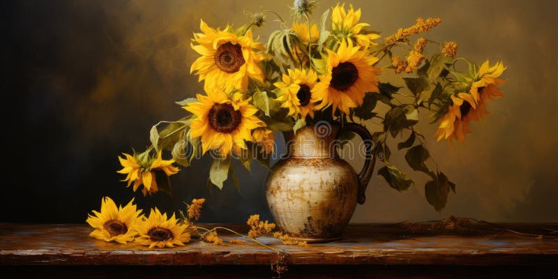 Illustration of sunflowers in a vase on the table. Generative AI