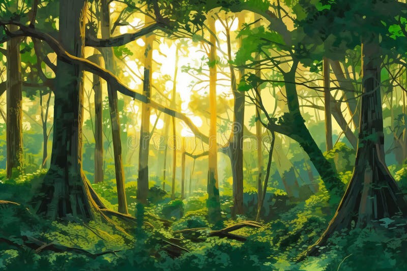 Sunrays Over a Green Forest in Summer, Nature, Forests Stock Illustration Illustration of wood