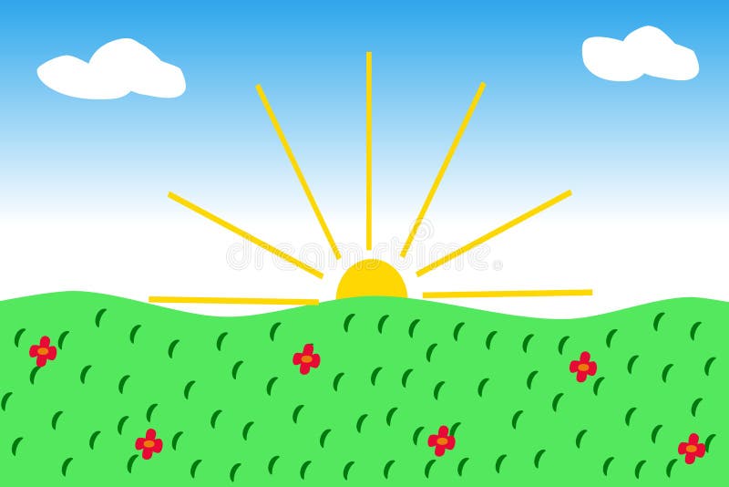 Illustration of a Sunrise Over a Field of Flowers. Drawing Bright Sun with  Rays, Clouds and Tarva with Flowers Stock Illustration - Illustration of  dawn, cloud: 143497832