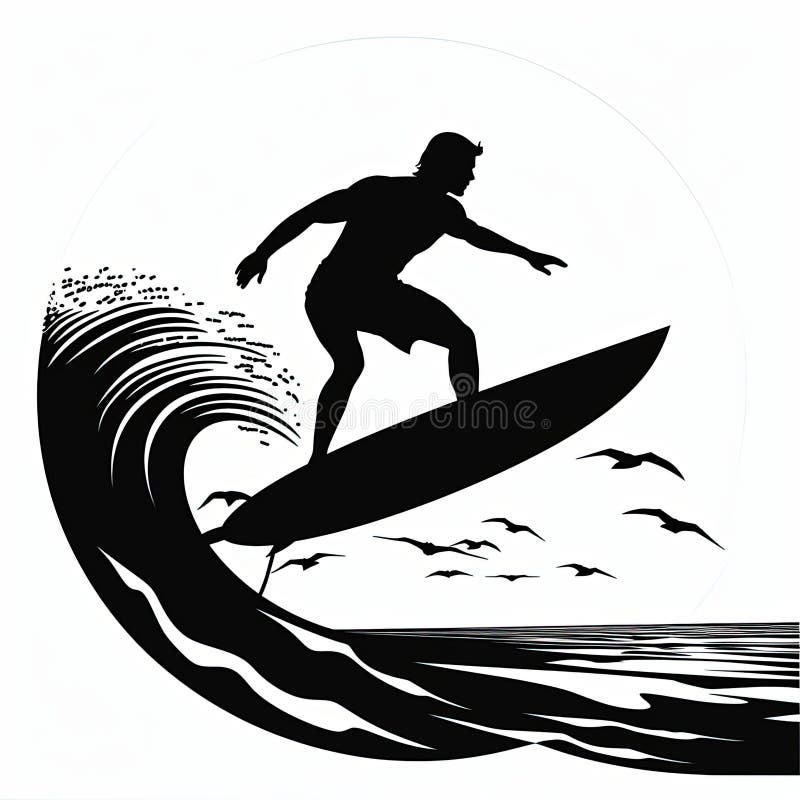 Illustration of surfer riding a wave. Generative AI royalty free illustration