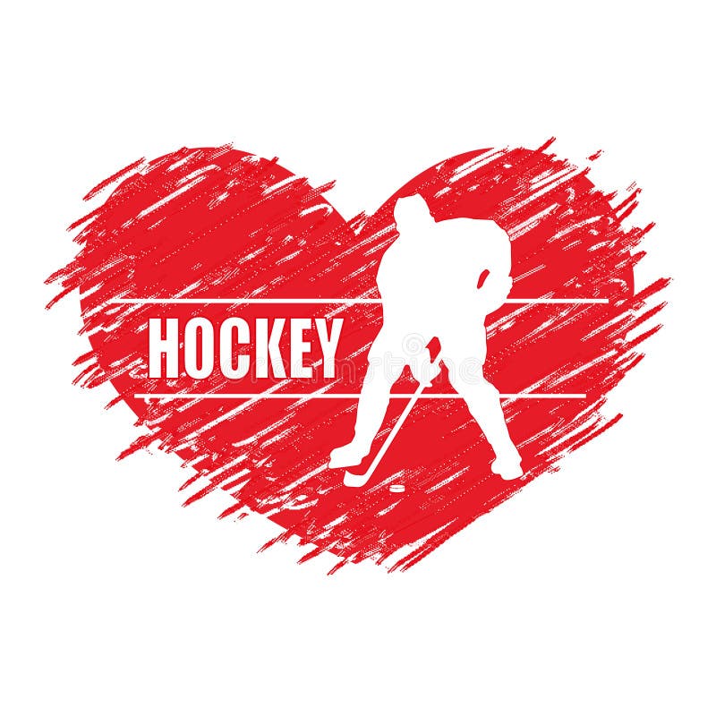 Illustration, symbol, I love hockey. Hockey player, puck, stick, heart