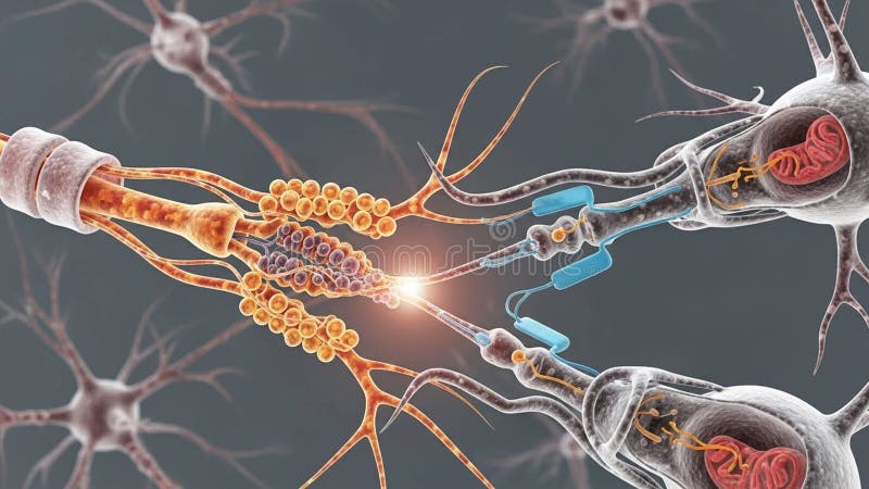 A glowing point indicating synaptic transfer. The background vector illustration