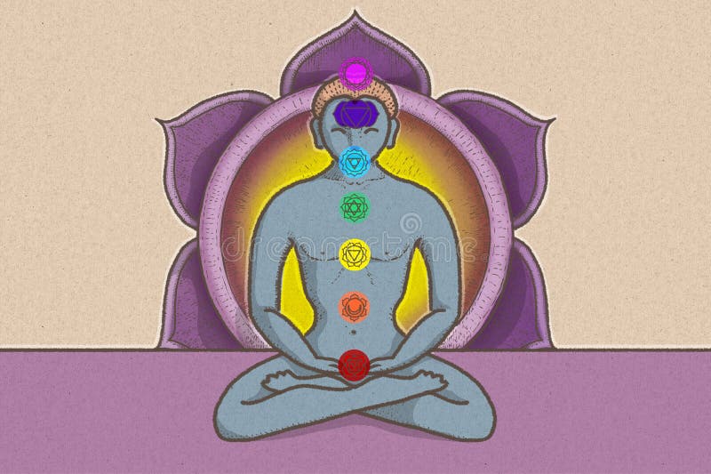Illustration of tantric position with symbols of chakras and lotus flower. 