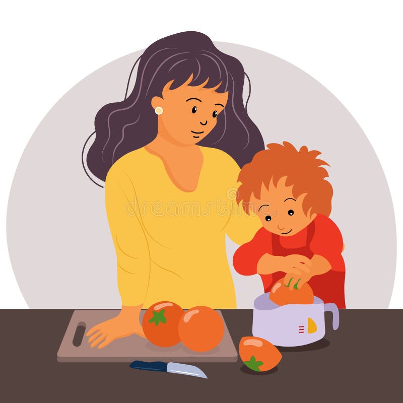 Illustration on the theme of the Kitchen, a young woman with her little son illustration Mother and son. stock illustration