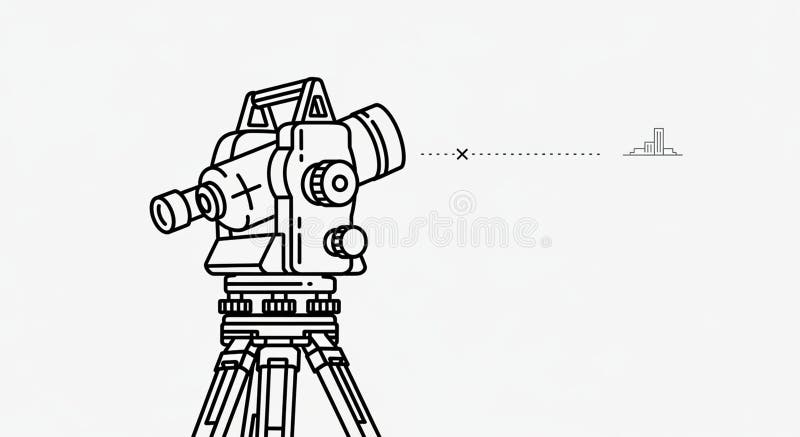 An illustration of a theodolite on a tripod used for surveying and measuring angles in construction and land mapping. The device features a telescope and adjustment knobs with lines extending from the lens to a distant point suggesting its function in measuring distances or angles to a specific target. The background is plain emphasizing the technical details of the theodolite which is crucial for accurate geospatial data collection. Theodolite logo illustrations