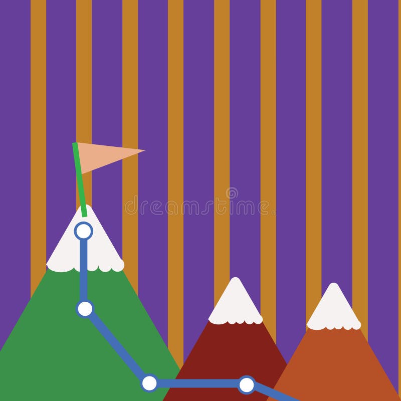 Illustration of Three Colorful Mountains with Trail and White Snowy Top with Flag on One Peak. Creative Background royalty free illustration Illustration of Three Colorful Mountains with Trail and White Snowy Top with Flag on One Peak. Creative Background royalty free illustration