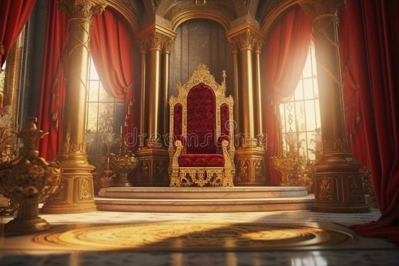 Illustration, the throne room with golden chair, ai generative stock illustration