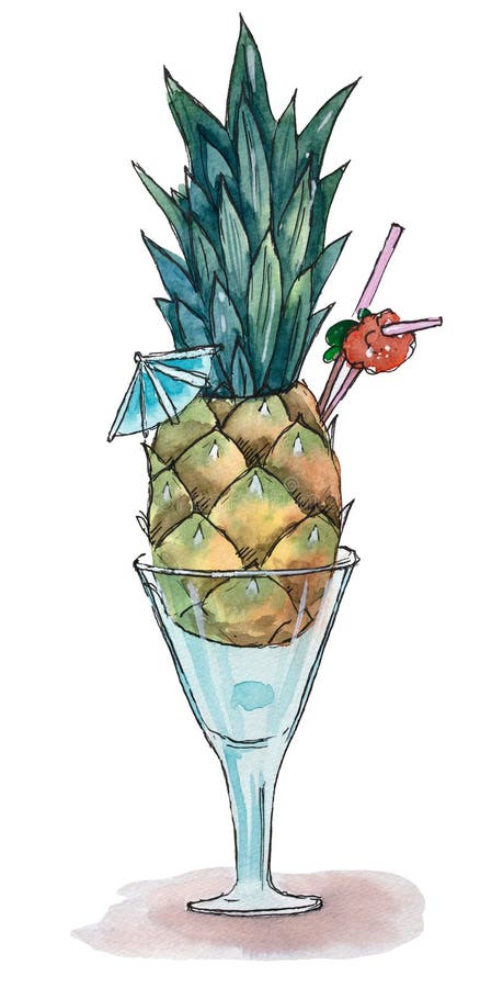 Illustration tirée par la main d'aquarelle Cocktail d'ananas illustration de vecteur Illustration tirée par la main d'aquarelle Cocktail d'ananas illustration de vecteur