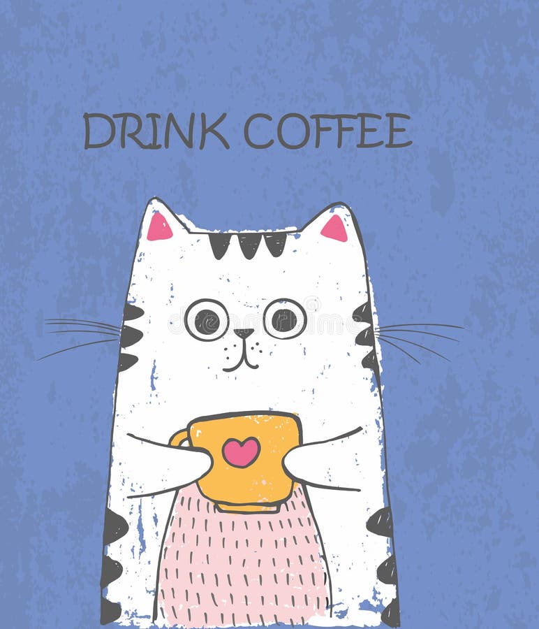 Illustration tirée par la main de vecteur mignon avec le chat de croquis avec la tasse de thé Fond pourpre avec marquer avec des illustration libre de droits Illustration tirée par la main de vecteur mignon avec le chat de croquis avec la tasse de thé Fond pourpre avec marquer avec des illustration libre de droits