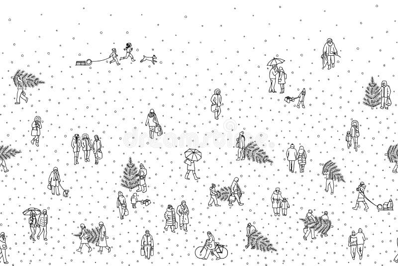 Illustration tirée par la main des piétons minuscules marchant en hiver par la ville illustration de vecteur Illustration tirée par la main des piétons minuscules marchant en hiver par la ville illustration de vecteur