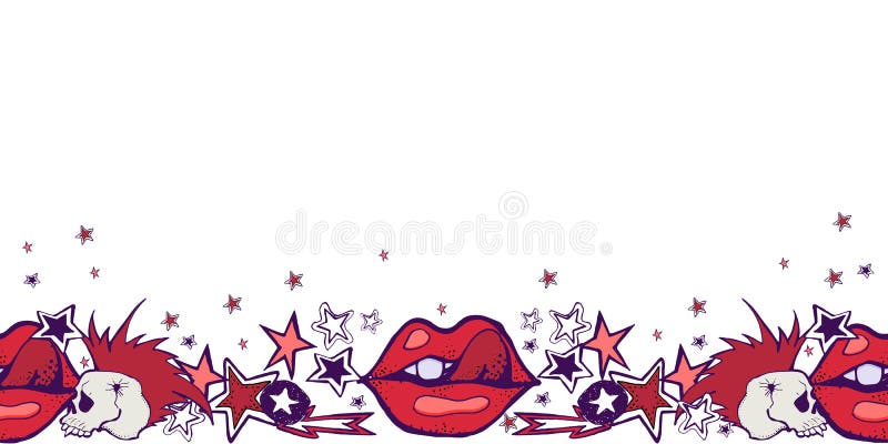 Illustration tirée par la main Thème de punk rock Crânes, lèvre rouge illustration stock Illustration tirée par la main Thème de punk rock Crânes, lèvre rouge illustration stock