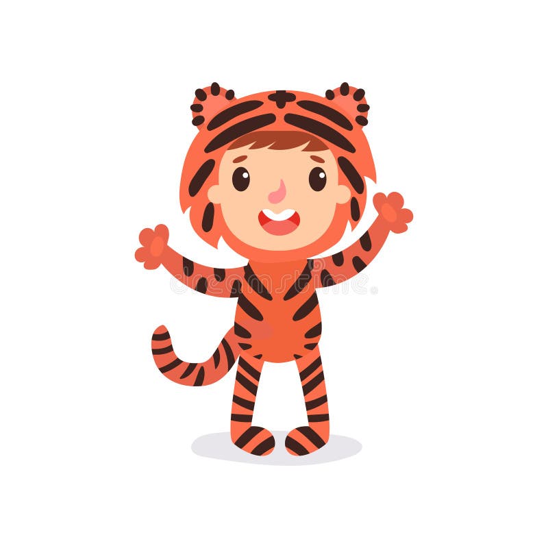 Toddler kid in colorful tiger costume. Child in outfit for photo shoot or Halloween party. Cartoon boy or girl wearing