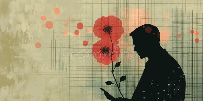 Trader silhouette analyzing holographic crypto chart with red poppy on olive grid postcard stock illustration