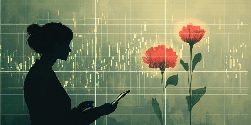Trader silhouette analyzing holographic crypto chart with red poppy on olive grid postcard stock illustration