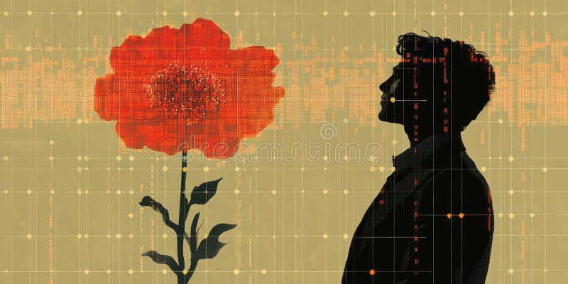 Trader silhouette analyzing holographic crypto chart with red poppy on olive grid postcard vector illustration