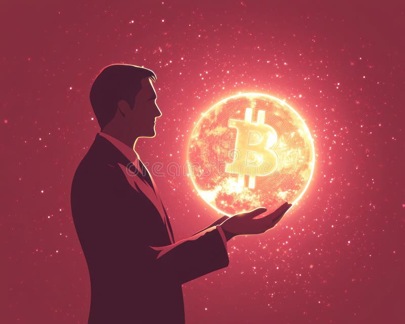 Trader silhouette holding glowing Bitcoin globe on maroon background vector illustration