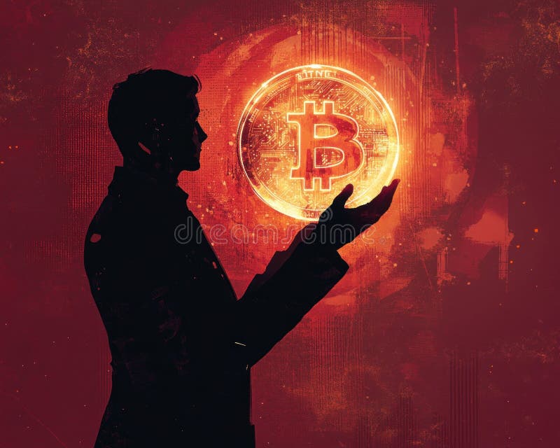 Trader silhouette holding glowing Bitcoin globe on maroon background royalty free illustration