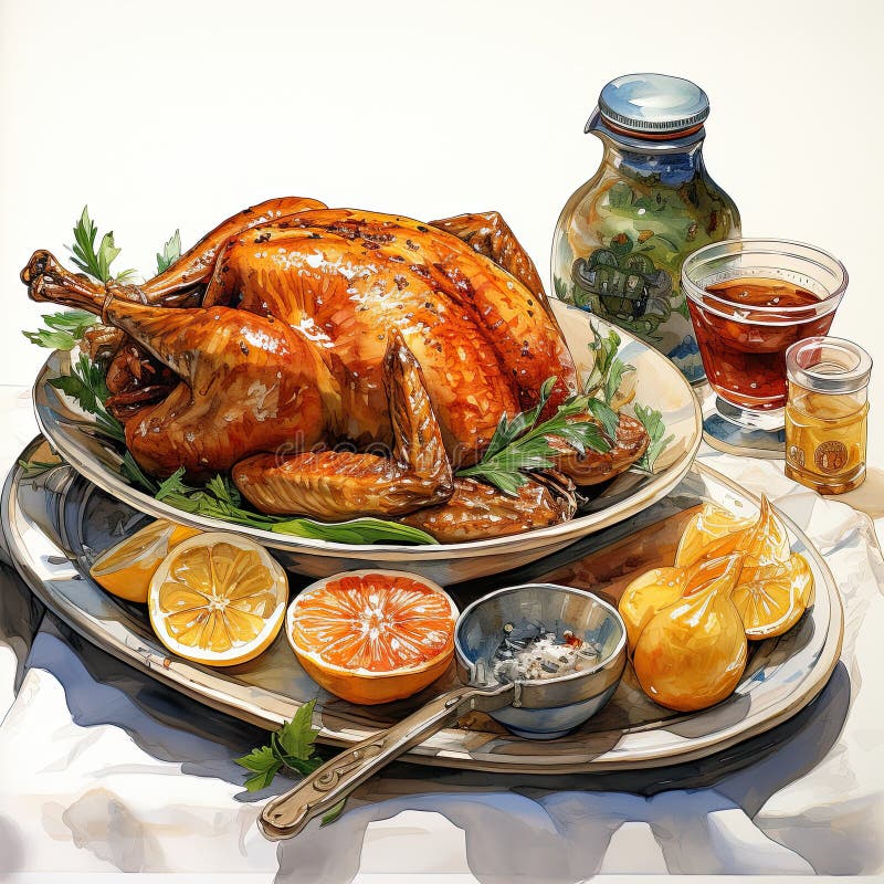 Illustration of a turkey cooked and served on a table on Thanksgiving day - royalty free illustration.