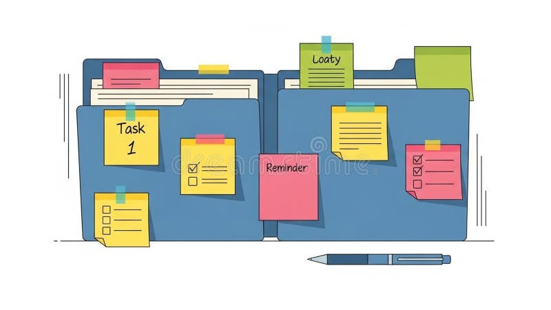 Illustration of two blue file folders with multiple colored sticky royalty free illustration