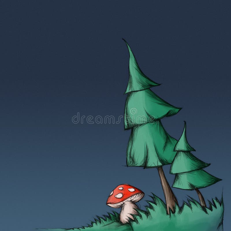 Illustration of two fir trees an a mushroom (fly agaric)