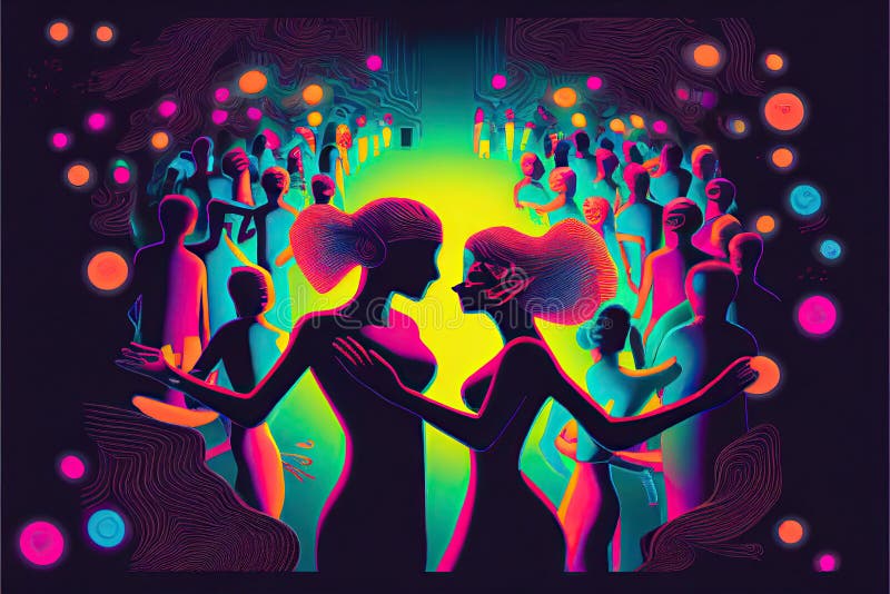 Illustration of two women dancing together at a dance party. Generative ai.