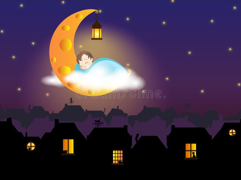 Illustration - un enfant dormant sur la lune de fromage, au-dessus de la ville de conte de fées (vieil Européen)