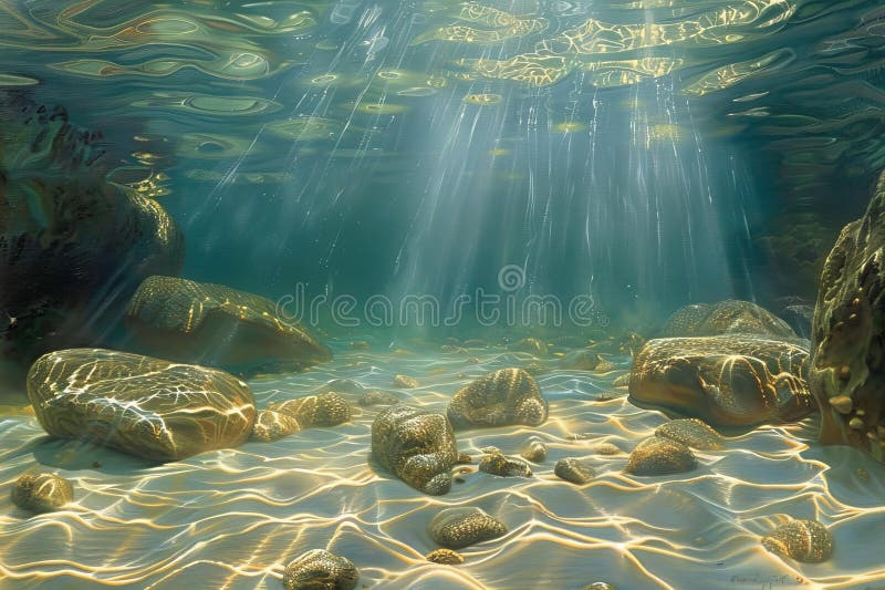 Illustration of underwater view of the ocean floor, with sunbeams shining through clear water and rocks on the bottom, creat royalty free illustration.
