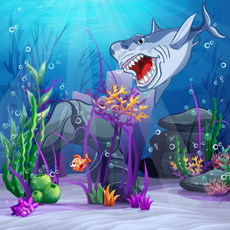 Illustration of the underwater world and the evil shark stock illustration