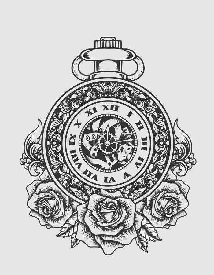 Rose Flowers And Clock Tattoo Design Sample