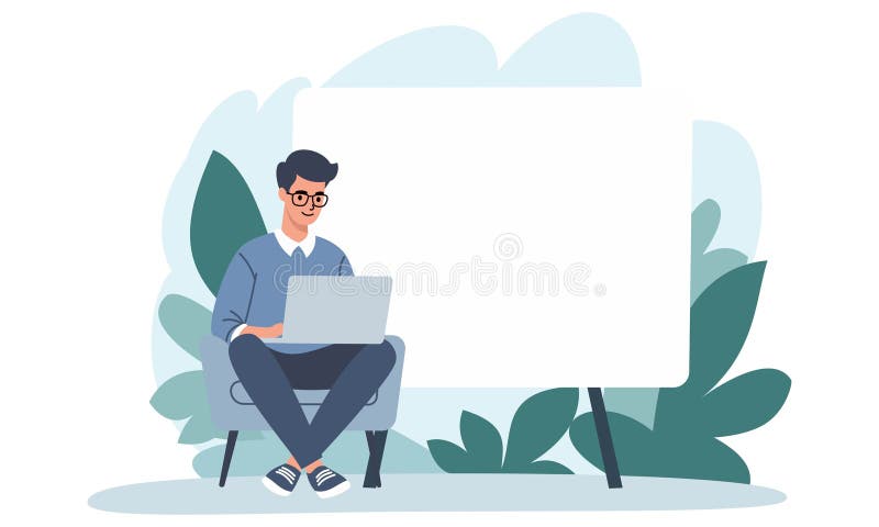 Flat vector illustration. Young man sitting in a chair and working, banner with space for your text. Man giving presentation from home . Vector illustration. Flat vector illustration. Young man sitting in a chair and working, banner with space for your text. Man giving presentation from home . Vector illustration