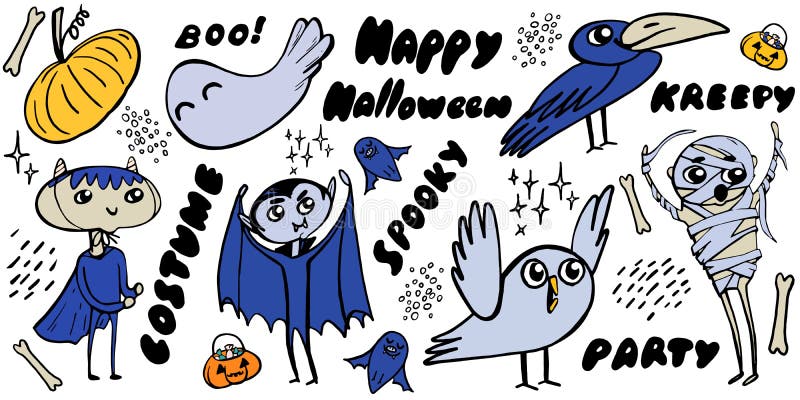 Illustration vectorielle série d'accessoires de dessin animé Halloween chauve, citrouille, corbeau, oiseau, costume, vampire, mom illustration stock Illustration vectorielle série d'accessoires de dessin animé Halloween chauve, citrouille, corbeau, oiseau, costume, vampire, mom illustration stock