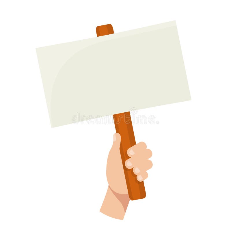 Hand holding blank banner flat vector illustration. Empty protest sign on wood stick isolated clipart on white background. Protester on strike. Demonstration and opposition picket. Social activity. Hand holding blank banner flat vector illustration. Empty protest sign on wood stick isolated clipart on white background. Protester on strike. Demonstration and opposition picket. Social activity