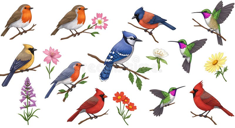 Illustration verschiedener farbiger Vögel und Blumen auf Zweigen. Enthält Robinen blau stock abbildung