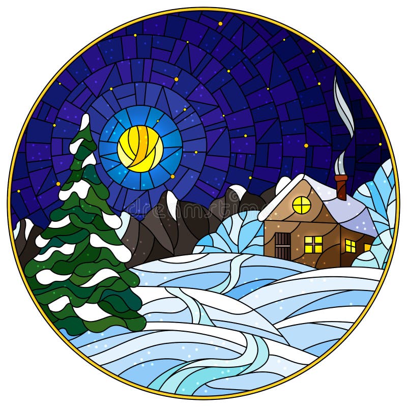 Stained glass illustration winter landscape, village house and fir-tree on a background of snow, starry sky and moon, round image stock illustration Stained glass illustration winter landscape, village house and fir-tree on a background of snow, starry sky and moon, round image stock illustration